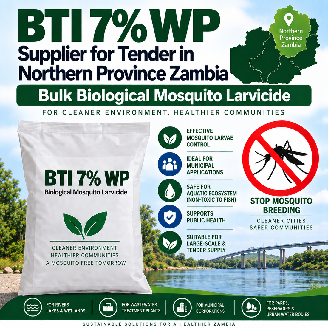 BTI 7% WP Supplier for Tender in Northern Province Zambia | Bulk Biological Mosquito Larvicide