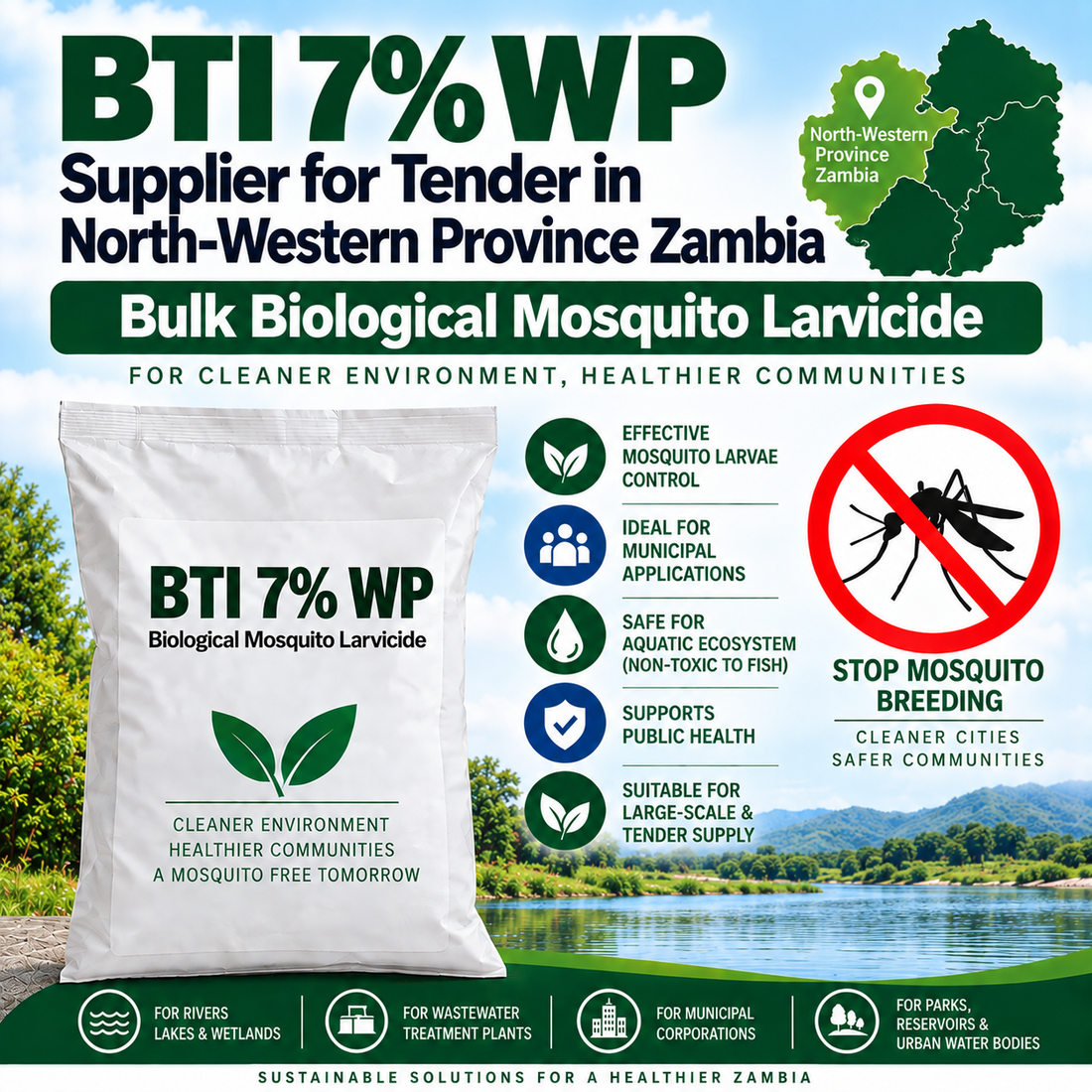 BTI 7% WP Supplier for Tender in North-Western Province Zambia | Bulk Biological Mosquito Larvicide