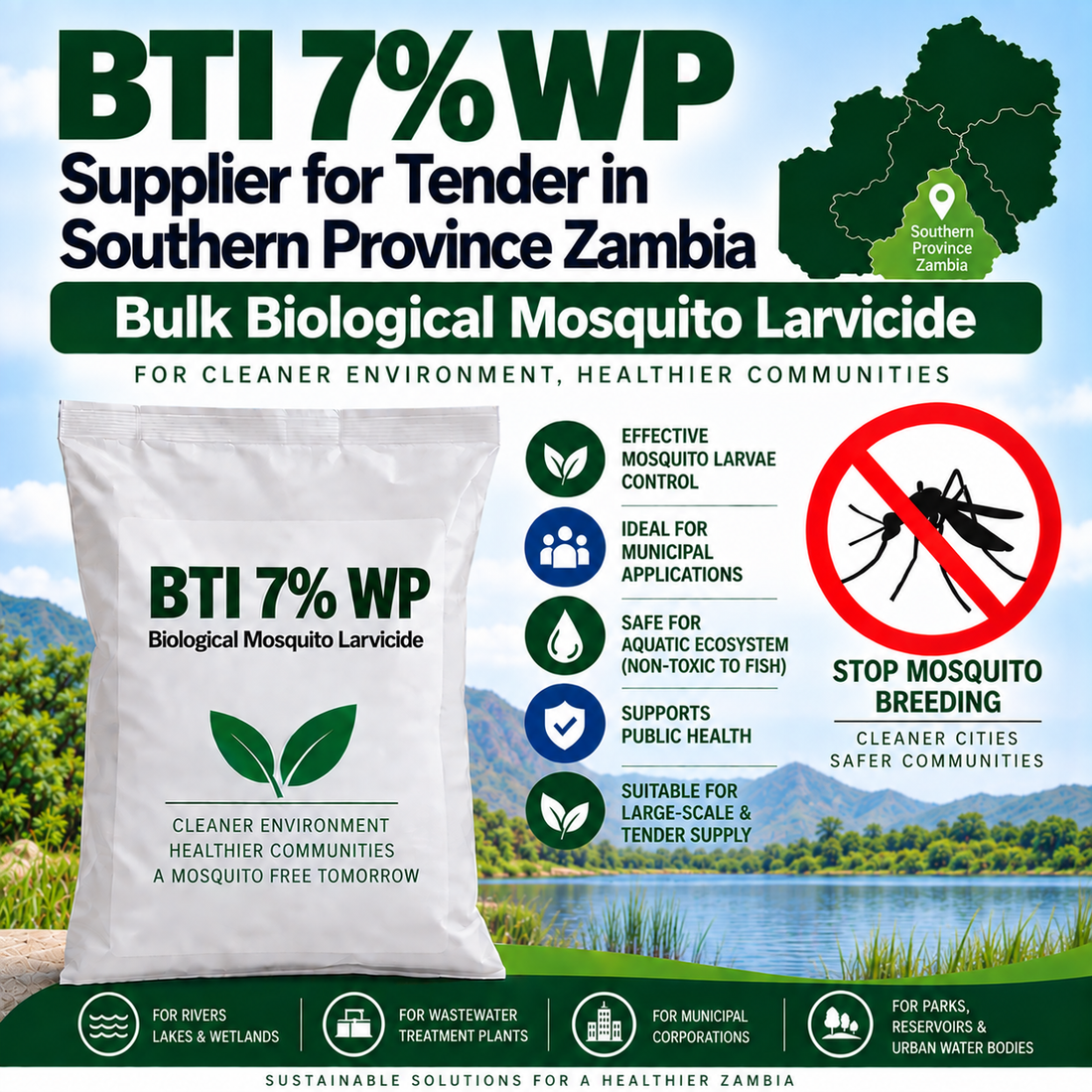 BTI 7% WP Supplier for Tender in Southern Province Zambia | Bulk Biological Mosquito Larvicide