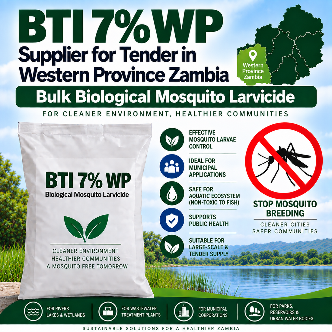 BTI 7% WP Supplier for Tender in Western Province Zambia | Bulk Biological Mosquito Larvicide
