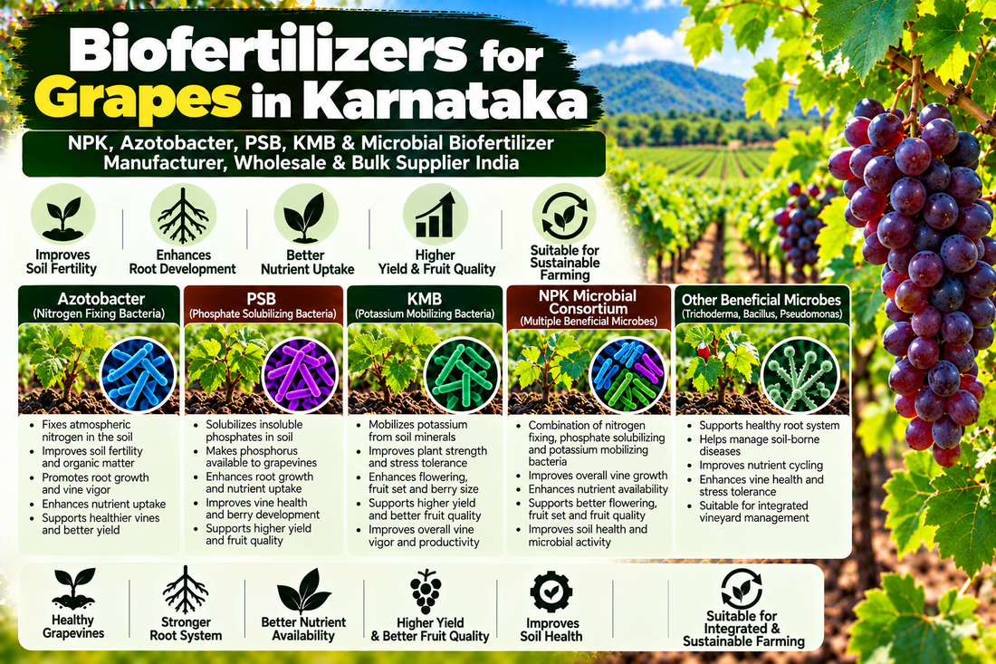 Biofertilizers for Grapes in Karnataka | NPK, Azotobacter, PSB, KMB & Microbial Biofertilizer Manufacturer, Wholesale & Bulk Supplier India