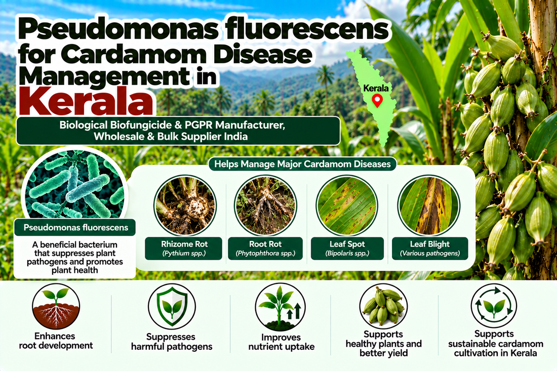 Pseudomonas fluorescens for Cardamom Disease Management in Kerala | Biological Biofungicide & PGPR Manufacturer, Wholesale & Bulk Supplier India