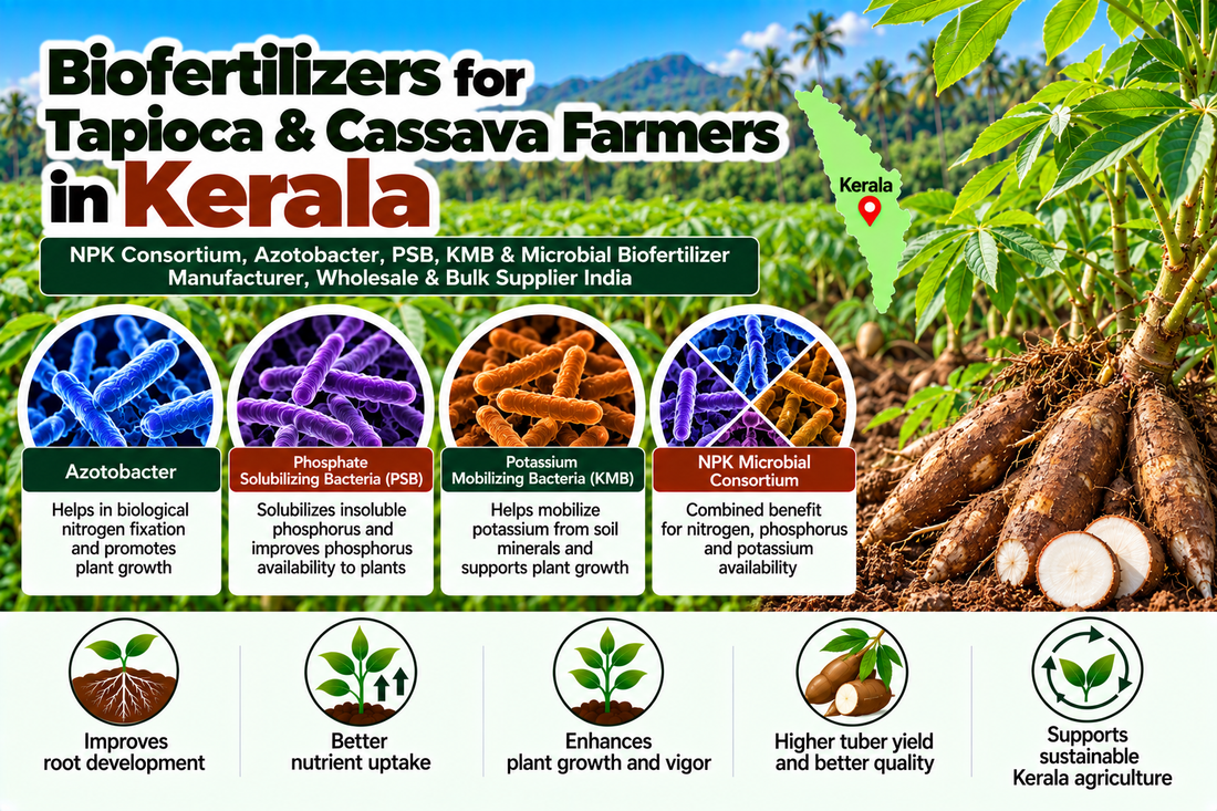 Biofertilizers for Tapioca & Cassava Farmers in Kerala | NPK Consortium, Azotobacter, PSB, KMB & Microbial Biofertilizer Manufacturer, Wholesale & Bulk Supplier India