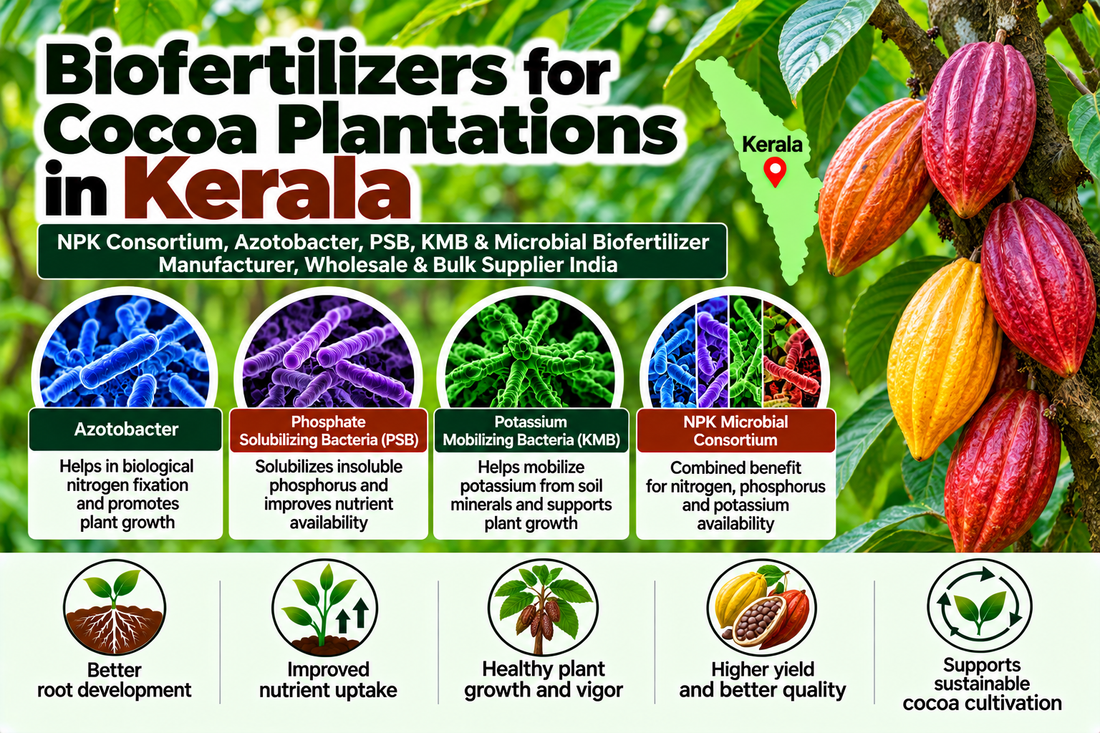 Biofertilizers for Cocoa Plantations in Kerala | NPK Consortium, Azotobacter, PSB, KMB & Microbial Biofertilizer Manufacturer, Wholesale & Bulk Supplier India
