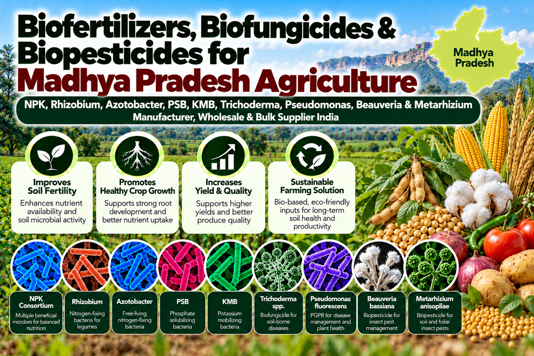 Biofertilizers, Biofungicides & Biopesticides for Madhya Pradesh Agriculture | NPK, Rhizobium, Azotobacter, PSB, KMB, Trichoderma, Pseudomonas, Beauveria & Metarhizium Manufacturer, Wholesale & Bulk Supplier India