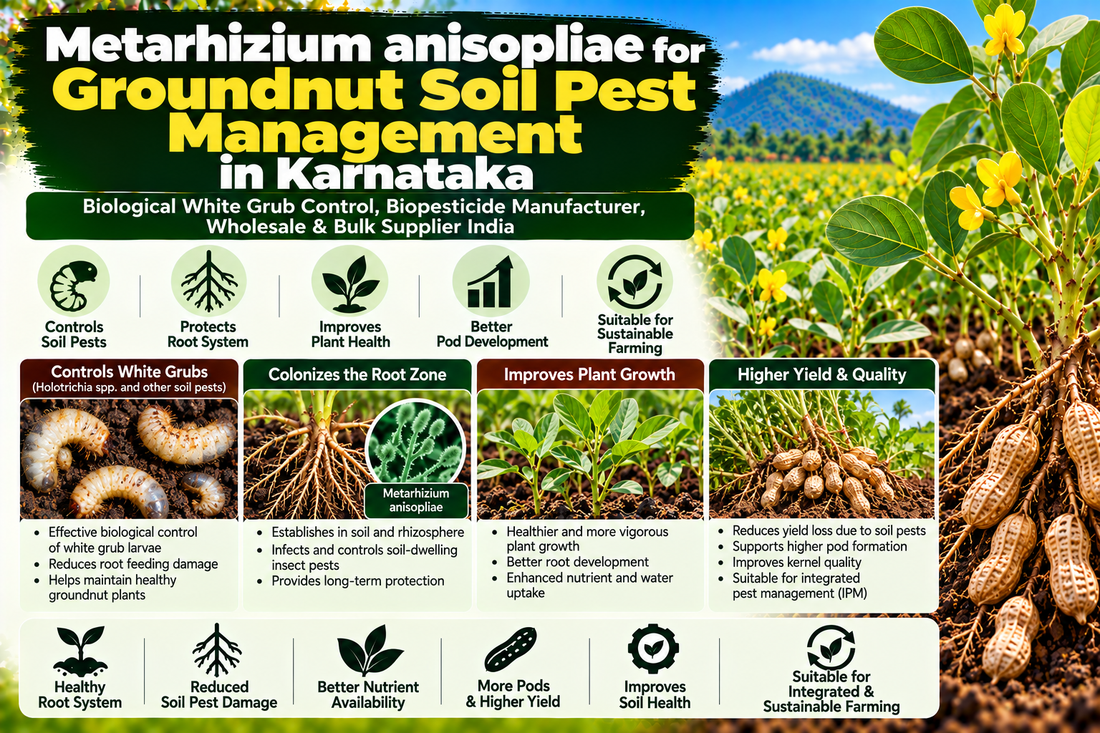 Metarhizium anisopliae for Groundnut Soil Pest Management in Karnataka | Biological White Grub Control, Biopesticide Manufacturer, Wholesale & Bulk Supplier India