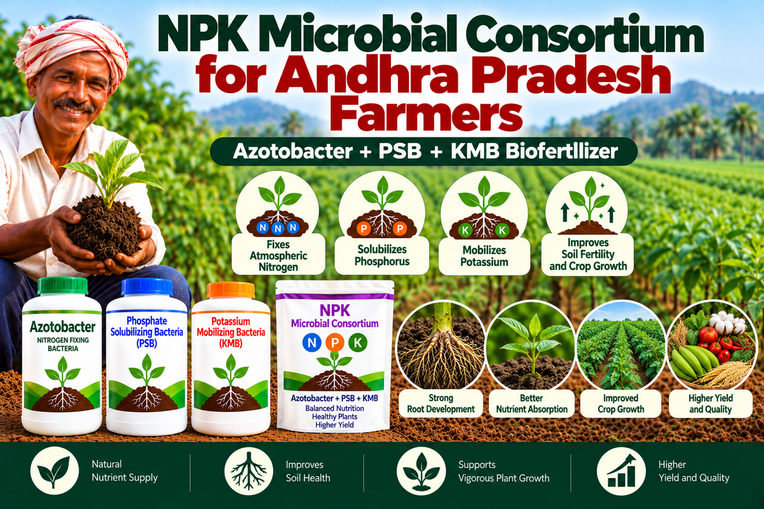 NPK Microbial Consortium for Andhra Pradesh Farmers | Azotobacter + PSB + KMB Biofertilizer Supplier India