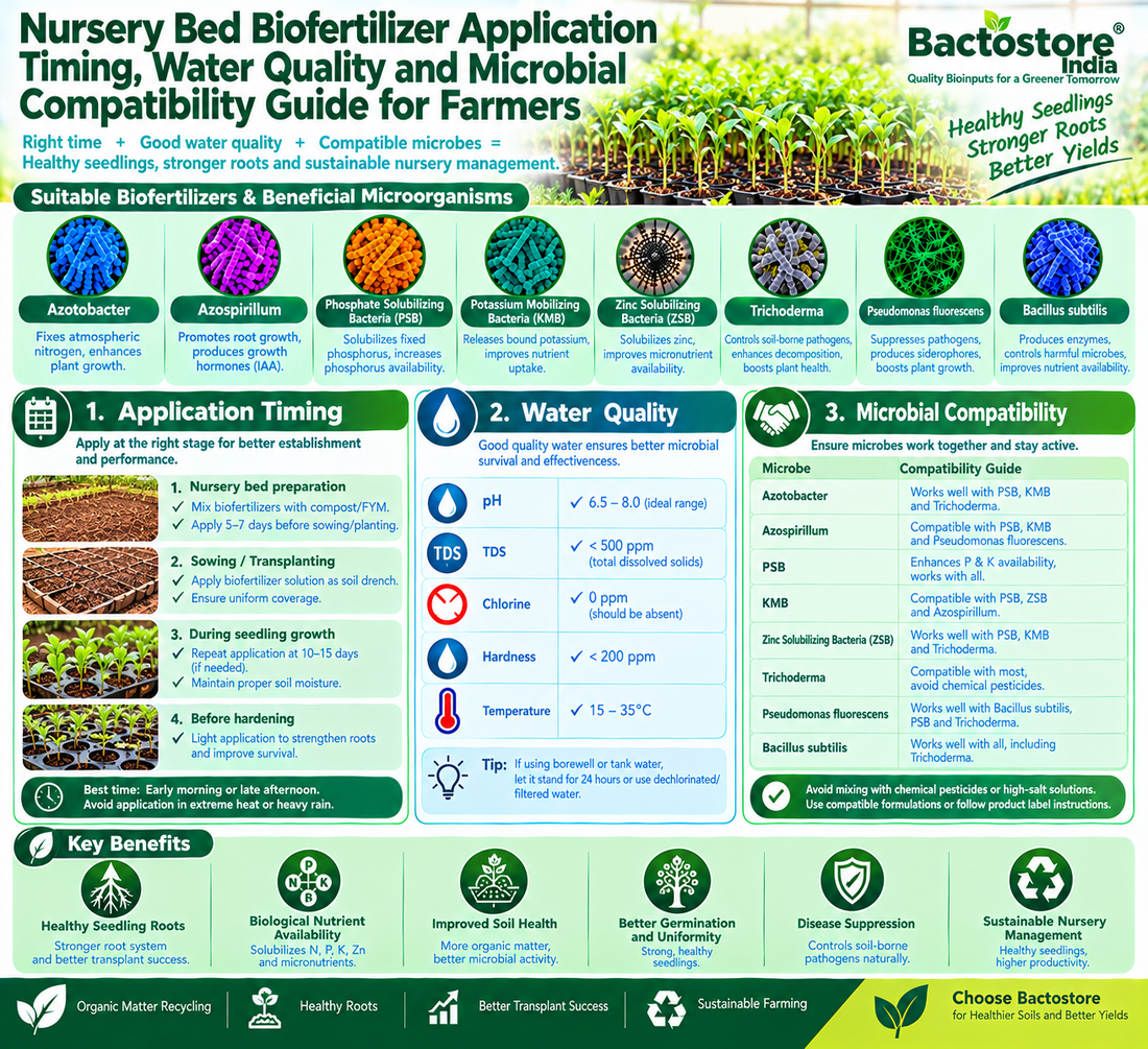 Nursery Bed Biofertilizer Application Timing, Water Quality and Microbial Compatibility Guide for Farmers | Azotobacter, Azospirillum, Phosphate Solubilizing Bacteria, Potassium Mobilizing Bacteria, Zinc Solubilizing Bacteria