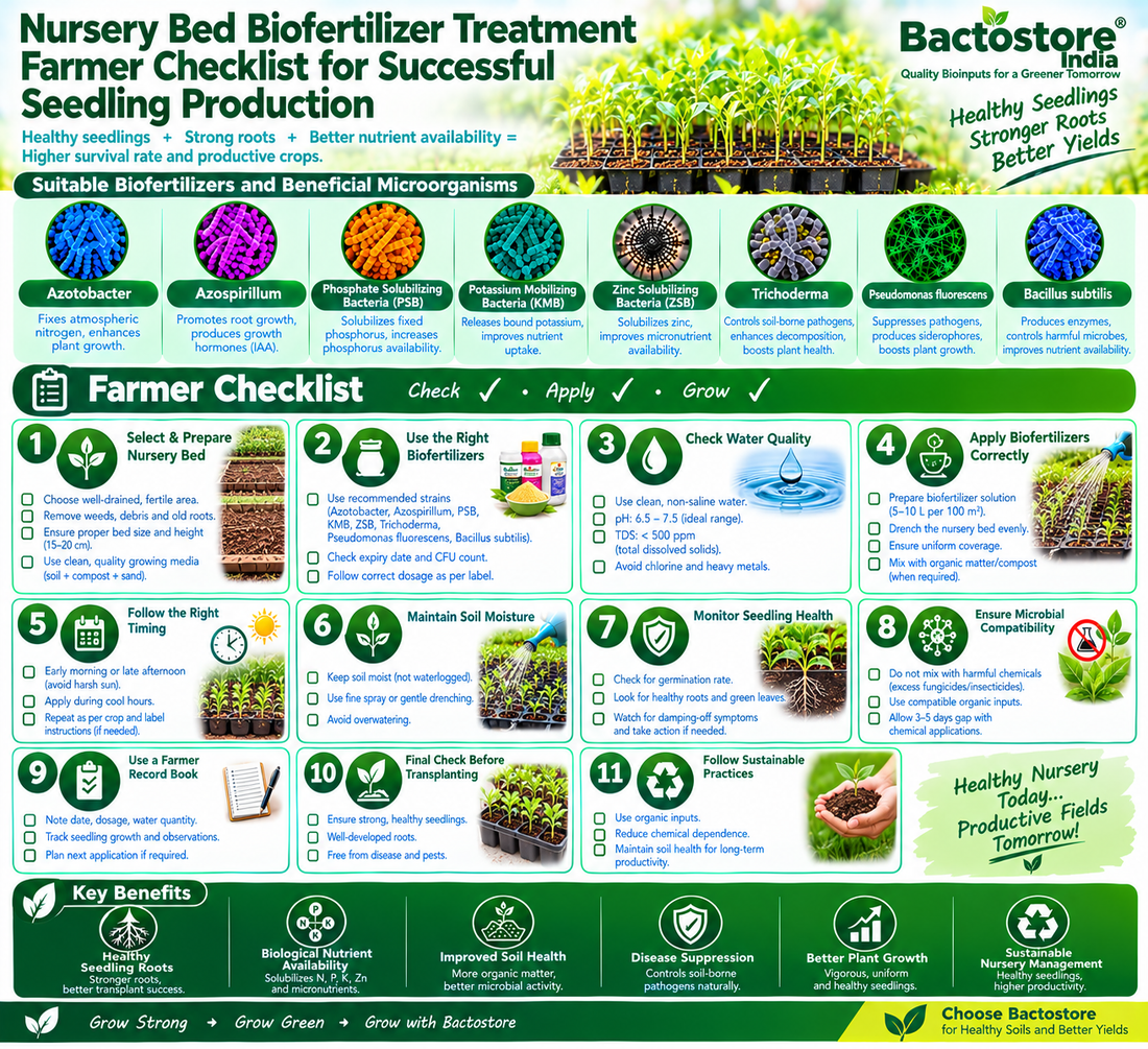 Nursery Bed Biofertilizer Treatment Farmer Checklist for Successful Seedling Production | Azotobacter, Azospirillum, Phosphate Solubilizing Bacteria, Potassium Mobilizing Bacteria, Zinc Solubilizing Bacteria, Trichoderma, Pseudomonas fluorescens