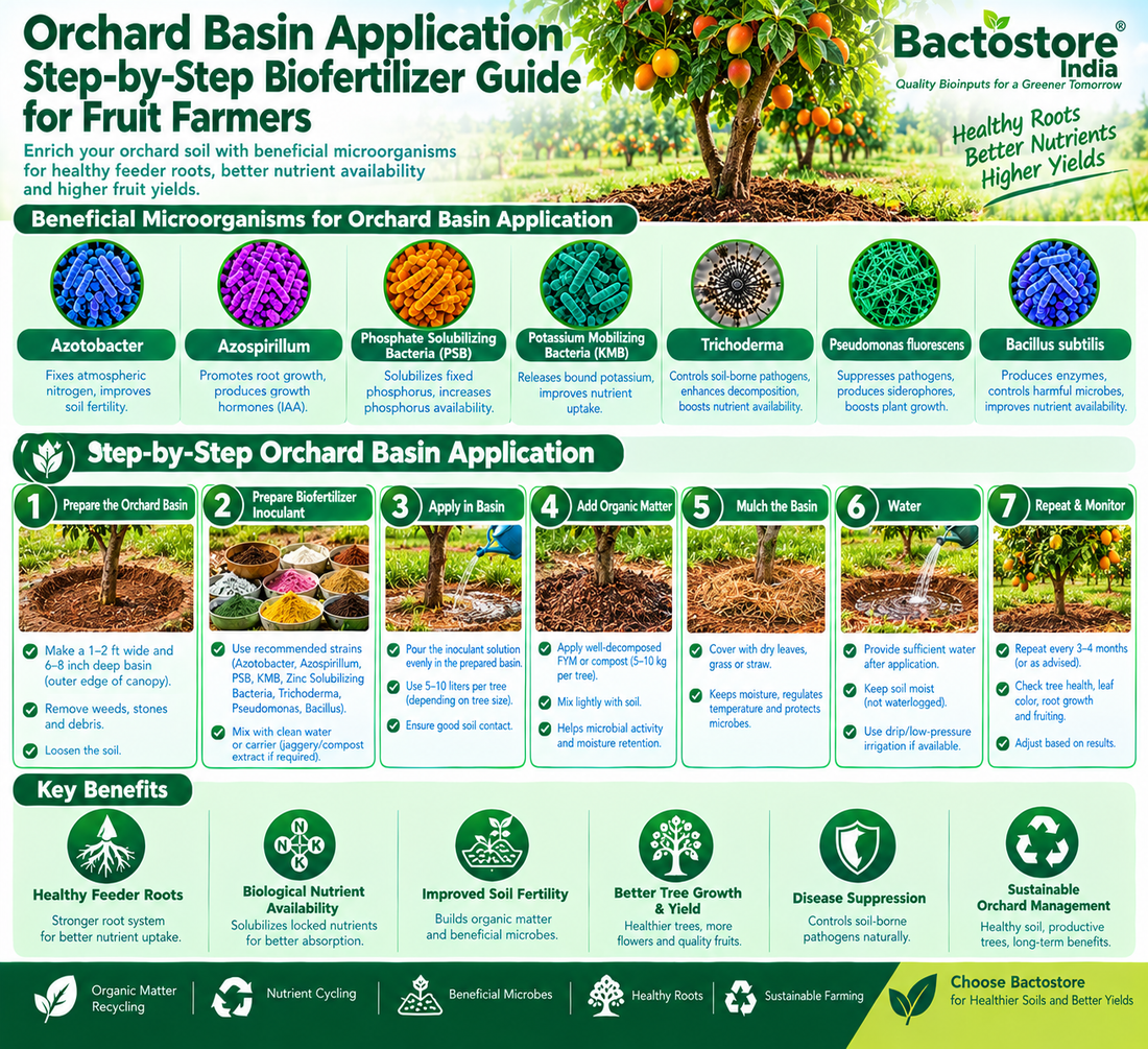 Orchard Basin Application Step-by-Step Biofertilizer Guide for Fruit Farmers | Azotobacter, Azospirillum, Phosphate Solubilizing Bacteria, Potassium Mobilizing Bacteria, Zinc Solubilizing Bacteria, Trichoderma