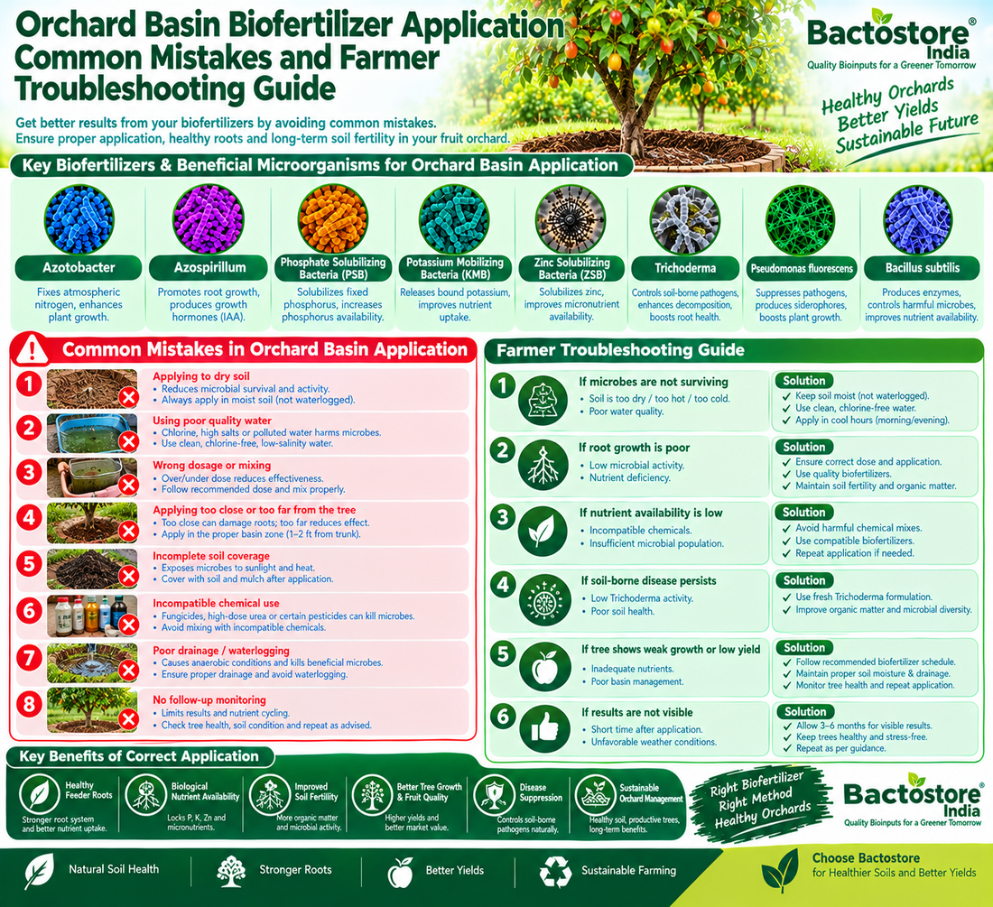 Orchard Basin Biofertilizer Application Common Mistakes and Farmer Troubleshooting Guide | Azotobacter, Azospirillum, PSB, KMB, Zinc Solubilizing Bacteria, Trichoderma, Pseudomonas fluorescens and Bacillus subtilis