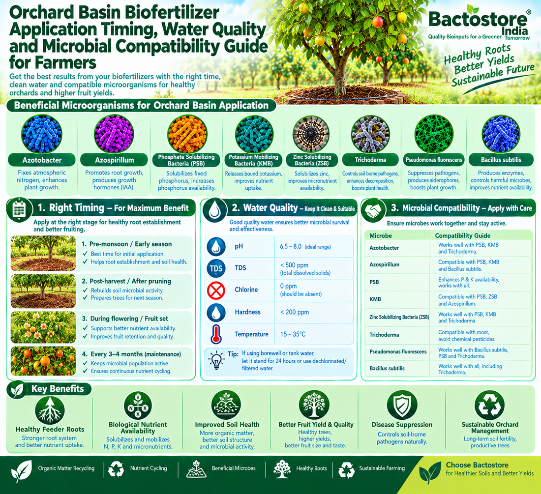 Orchard Basin Biofertilizer Application Timing, Water Quality and Microbial Compatibility Guide for Farmers | Azotobacter, Azospirillum, PSB, KMB, Zinc Solubilizing Bacteria, Trichoderma, Bacillus subtilis and Pseudomonas fluorescens