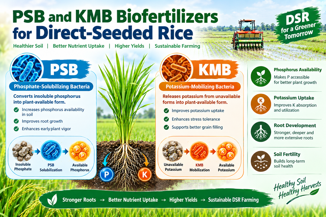 PSB and KMB Biofertilizers for Direct-Seeded Rice | Phosphate-Solubilizing Bacteria, Potassium-Mobilizing Bacteria, Phosphorus Availability, Potassium Uptake, Root Development, Soil Fertility & Sustainable DSR Farming – Bactostore India