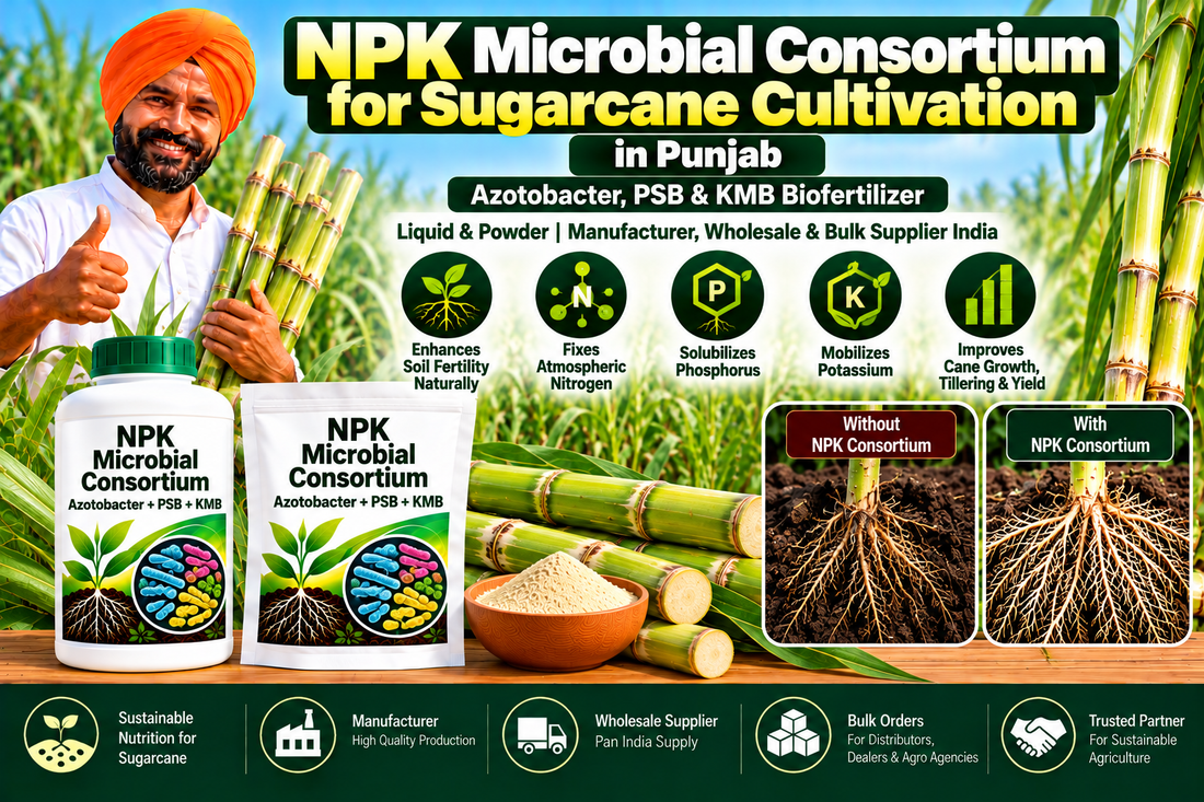 NPK Microbial Consortium for Sugarcane Cultivation in Punjab | Azotobacter, PSB & KMB Biofertilizer, Liquid & Powder Manufacturer, Wholesale & Bulk Supplier India
