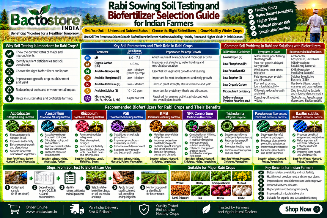 Rabi Sowing Soil Testing and Biofertilizer Selection Guide for Indian Farmers | Understanding Soil pH, Organic Carbon, Nitrogen, Phosphorus, Potassium, Sulphur and Micronutrients for Choosing Azotobacter, Rhizobium
