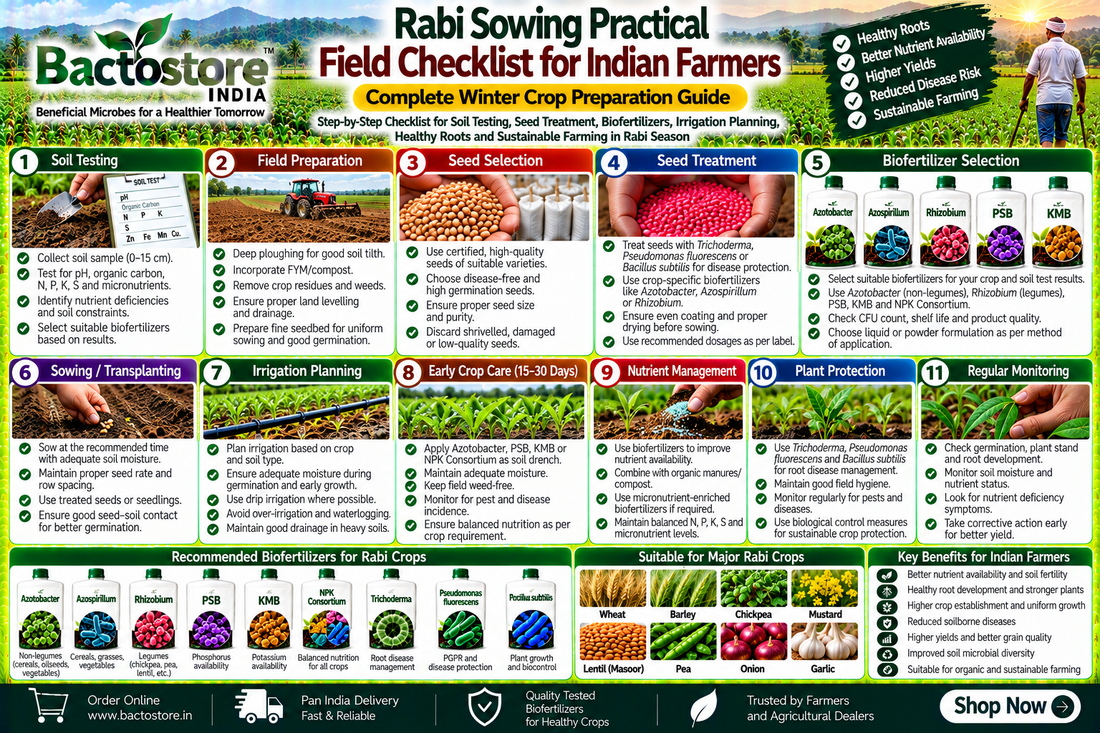 Rabi Sowing Practical Field Checklist for Indian Farmers | Complete Winter Crop Preparation Guide Covering Soil Testing, Seed Treatment, Irrigation Planning, Azotobacter, Rhizobium, PSB, KMB, NPK Microbial Consortium, Trichoderma