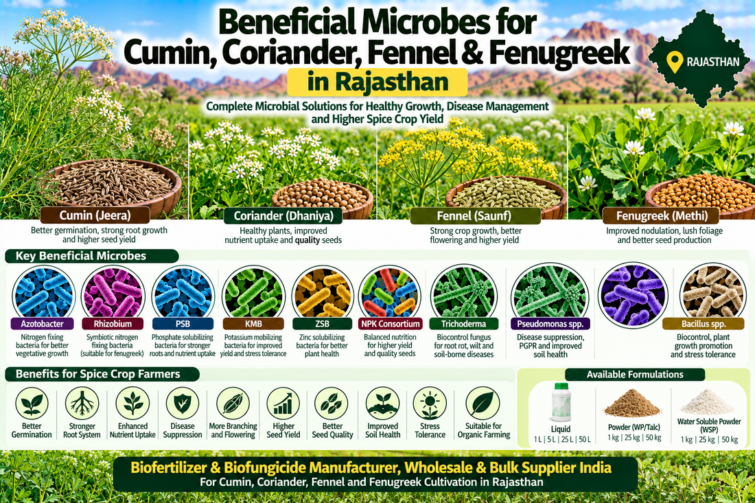Beneficial Microbes for Cumin, Coriander, Fennel & Fenugreek in Rajasthan | Azotobacter, Rhizobium, PSB, KMB, ZSB, NPK Consortium, Trichoderma, Pseudomonas & Bacillus Biofertilizer and Biofungicide Manufacturer