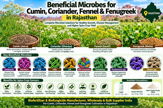 Beneficial Microbes for Cumin, Coriander, Fennel & Fenugreek in Rajasthan | Azotobacter, Rhizobium, PSB, KMB, ZSB, NPK Consortium, Trichoderma, Pseudomonas & Bacillus Biofertilizer and Biofungicide Manufacturer