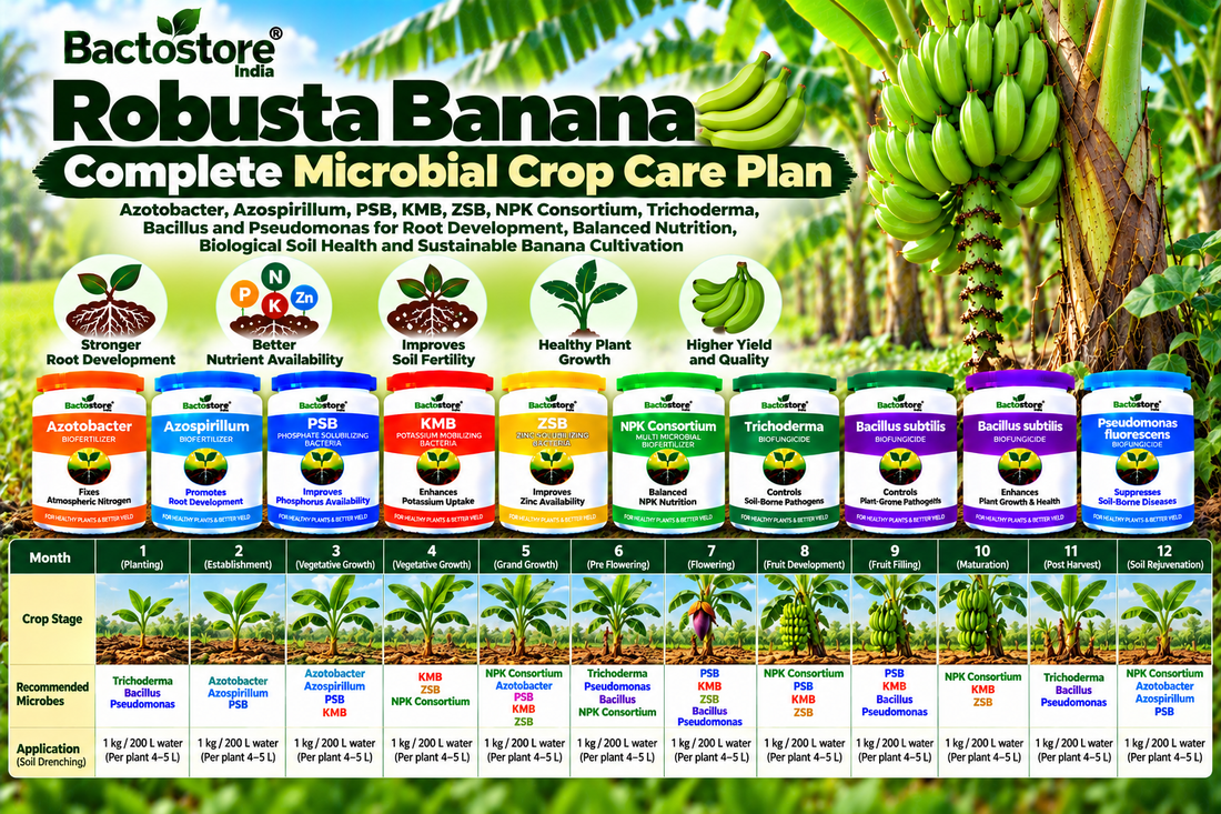 Robusta Banana Complete Microbial Crop Care Plan | Azotobacter, Azospirillum, PSB, KMB, ZSB, NPK Consortium, Trichoderma, Bacillus and Pseudomonas for Root Development, Balanced Nutrition, Biological Soil Health