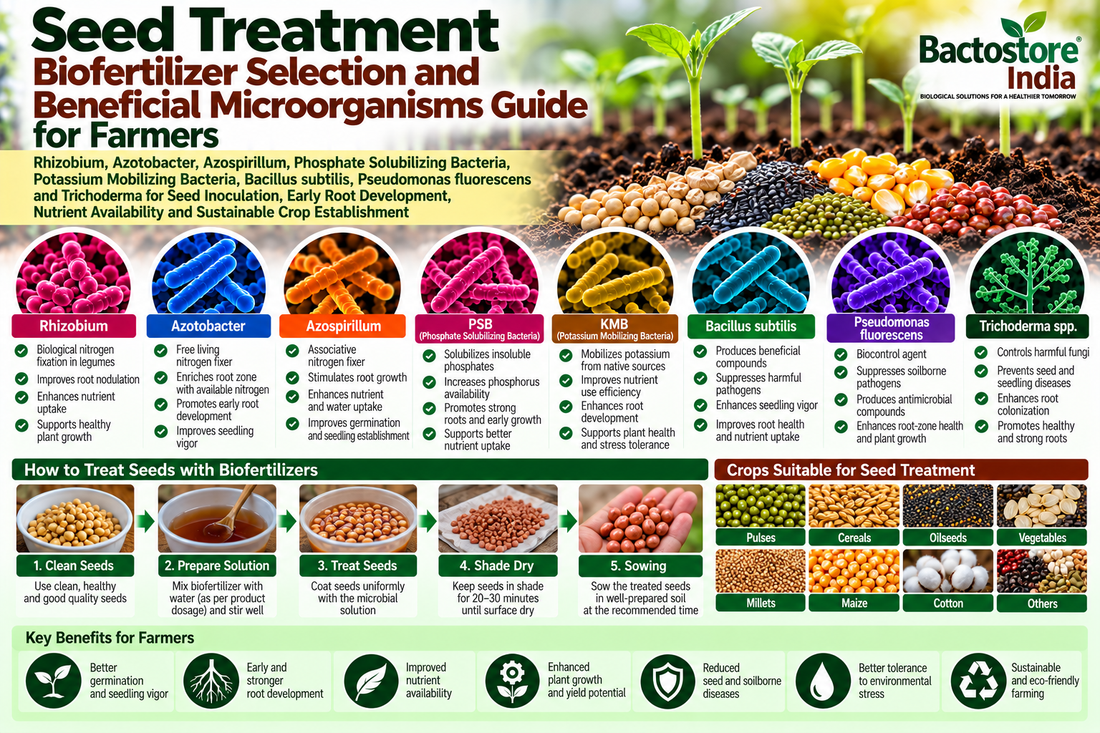 Seed Treatment Biofertilizer Selection and Beneficial Microorganisms Guide for Farmers | Rhizobium, Azotobacter, Azospirillum, Phosphate Solubilizing Bacteria, Potassium Mobilizing Bacteria, Bacillus subtilis, Pseudomonas fluorescens and Trichoderma