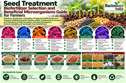 Seed Treatment Biofertilizer Selection and Beneficial Microorganisms Guide for Farmers | Rhizobium, Azotobacter, Azospirillum, Phosphate Solubilizing Bacteria, Potassium Mobilizing Bacteria, Bacillus subtilis, Pseudomonas fluorescens and Trichoderma