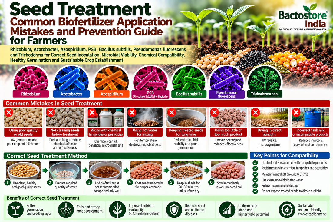 Seed Treatment Common Biofertilizer Application Mistakes and Prevention Guide for Farmers | Rhizobium, Azotobacter, Azospirillum, PSB, Bacillus subtilis, Pseudomonas fluorescens and Trichoderma