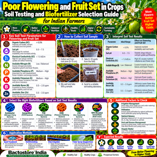 Poor Flowering and Fruit Set in Crops Soil Testing and Biofertilizer Selection Guide for Indian Farmers | Understanding Soil pH, Electrical Conductivity, Phosphorus, Potassium, Boron, Zinc, Nitrogen Balance, Root Health and Nutrient Availability