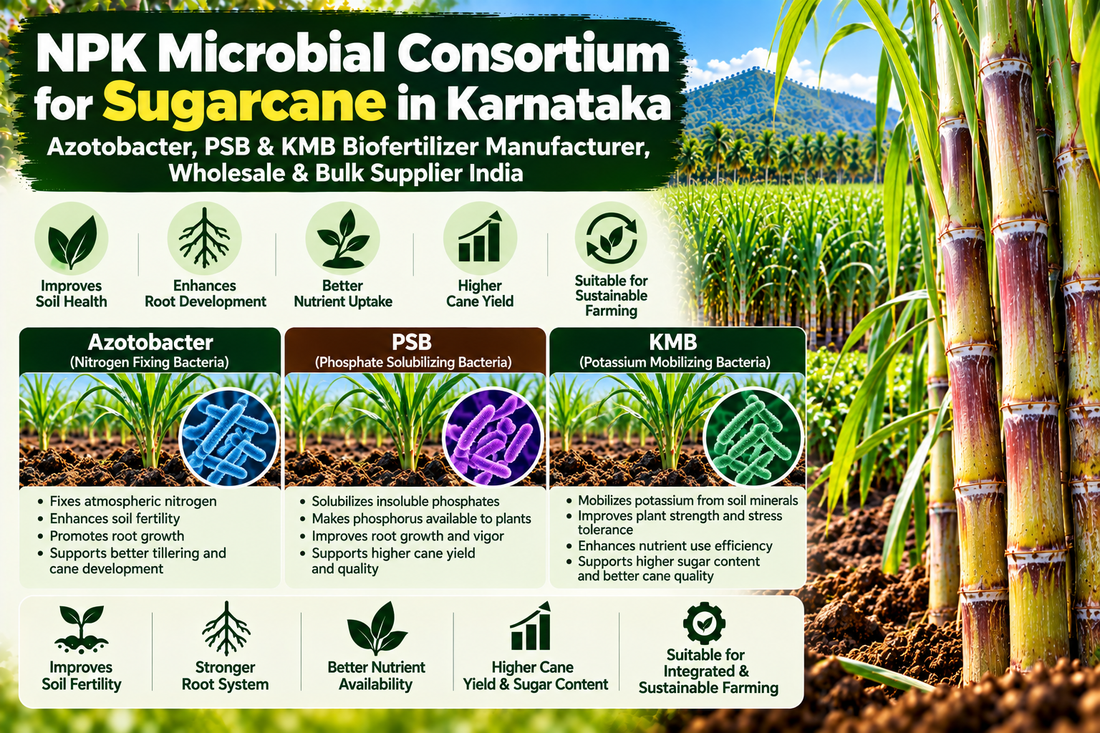 NPK Microbial Consortium for Sugarcane in Karnataka | Azotobacter, PSB & KMB Biofertilizer Manufacturer, Wholesale & Bulk Supplier India