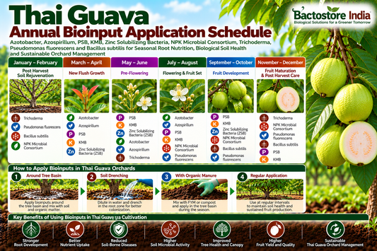 Thai Guava Annual Bioinput Application Schedule | Azotobacter, Azospirillum, PSB, KMB, Zinc Solubilizing Bacteria, NPK Microbial Consortium, Trichoderma, Pseudomonas fluorescens and Bacillus subtilis for Seasonal Root Nutrition