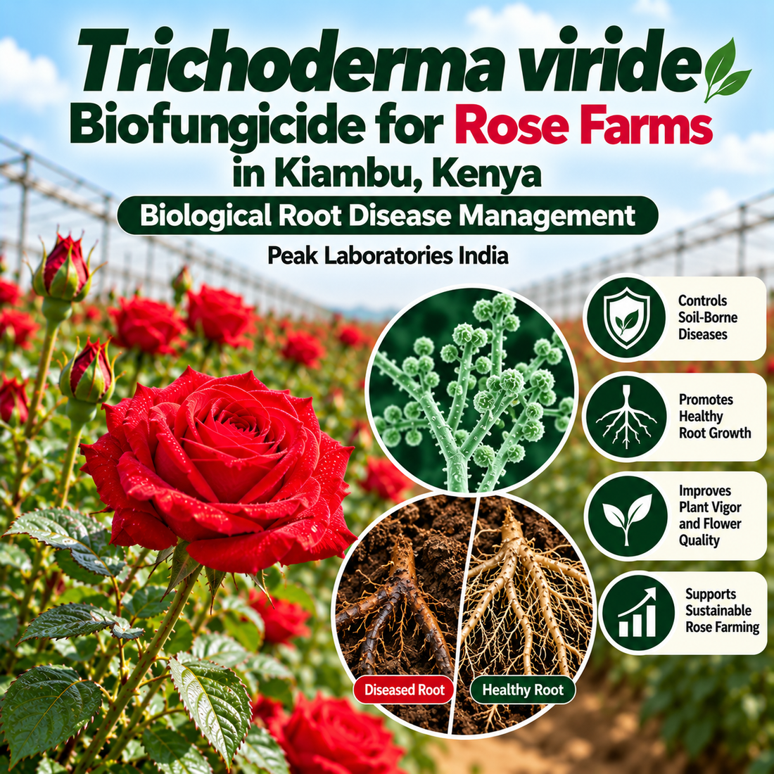 Trichoderma viride Biofungicide for Rose Farms in Kiambu, Kenya | Biological Root Disease Management | Peak Laboratories India