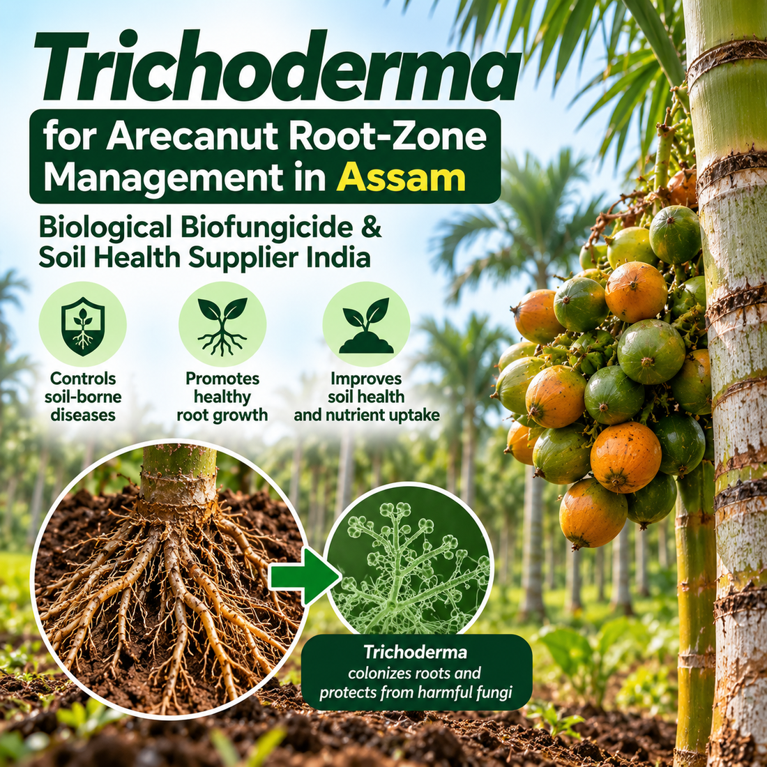 Trichoderma for Arecanut Root-Zone Management in Assam | Biological Biofungicide & Soil Health Supplier India
