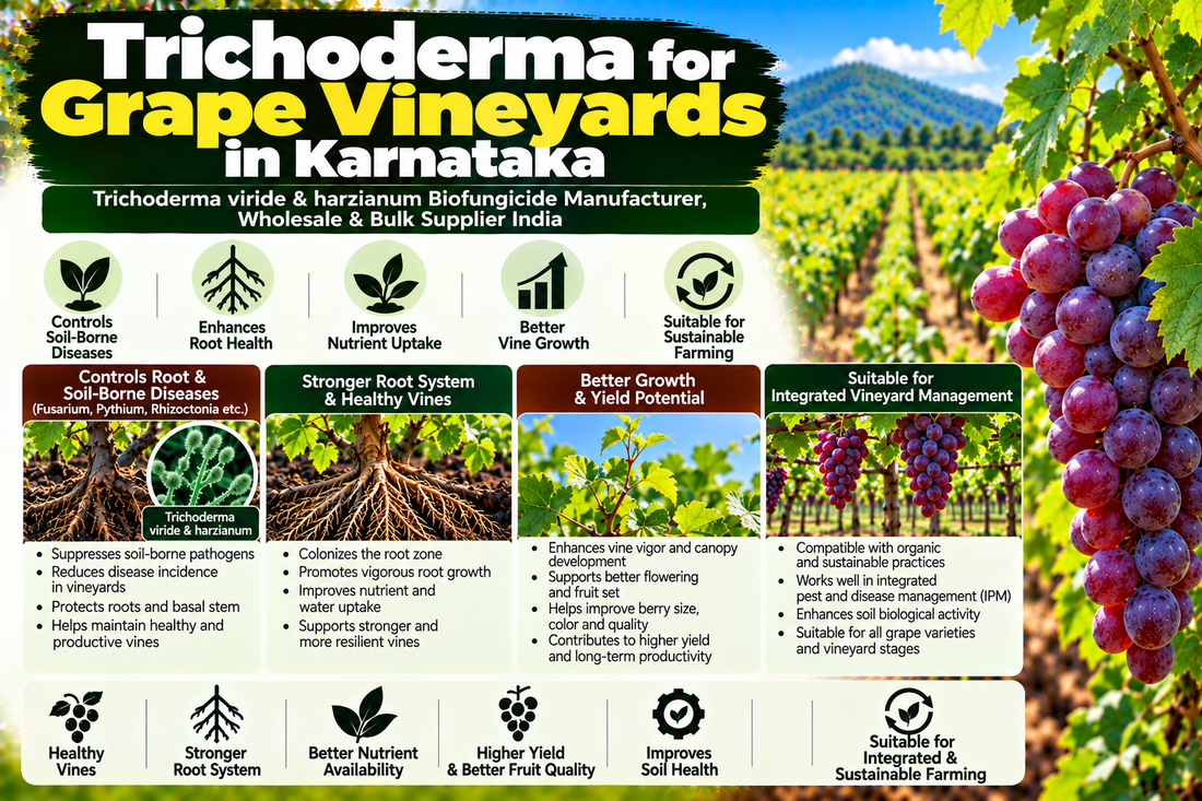 Trichoderma for Grape Vineyards in Karnataka | Trichoderma viride & harzianum Biofungicide Manufacturer, Wholesale & Bulk Supplier India