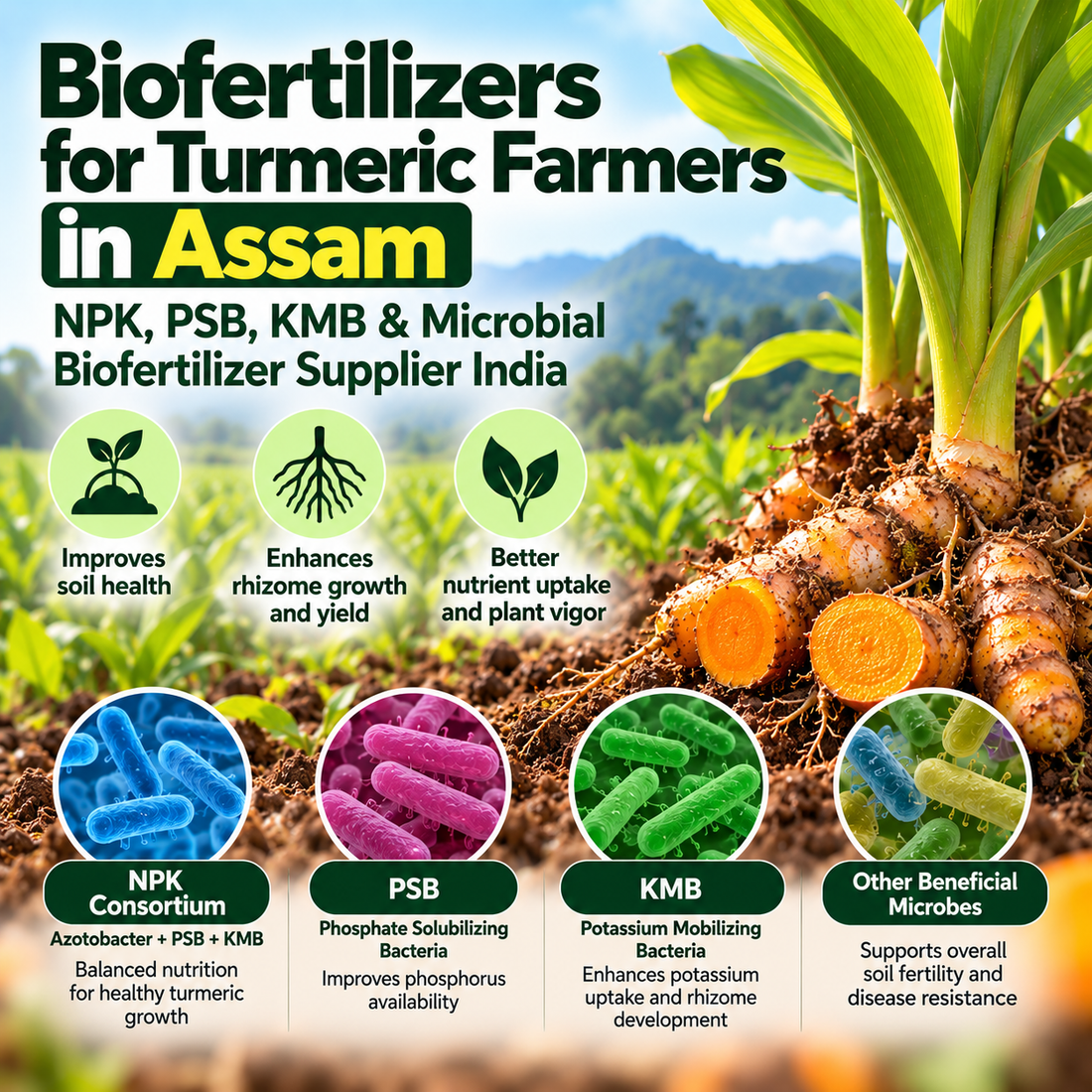 Biofertilizers for Turmeric Farmers in Assam | NPK, PSB, KMB & Microbial Biofertilizer Supplier India