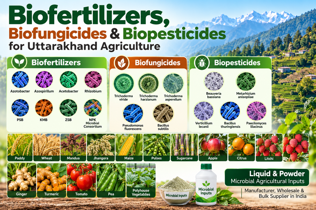 Biofertilizers, Biofungicides & Biopesticides for Uttarakhand Agriculture | Liquid & Powder Microbial Agricultural Inputs Manufacturer, Wholesale & Bulk Supplier India