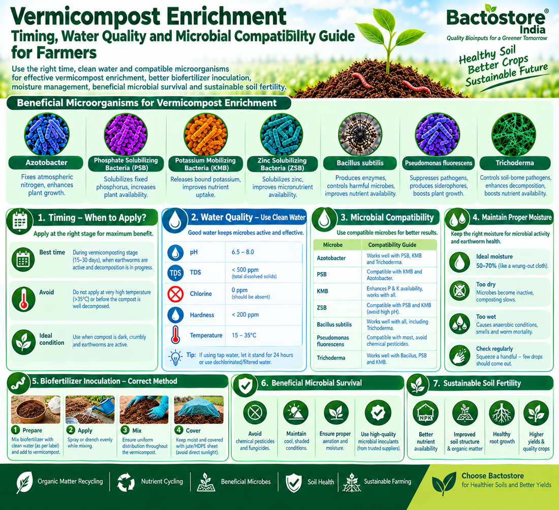 Vermicompost Enrichment Timing, Water Quality and Microbial Compatibility Guide for Farmers | Azotobacter, Phosphate Solubilizing Bacteria, Potassium Mobilizing Bacteria, Zinc Solubilizing Bacteria, Bacillus subtilis