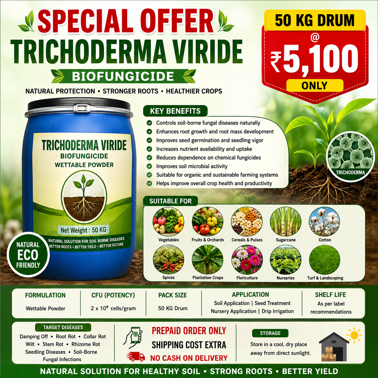 Trichoderma Viride Wettable Talc powder – 50 KG Drum | Bulk Agricultural Pack @ ₹5,100 | Shipping cost extra