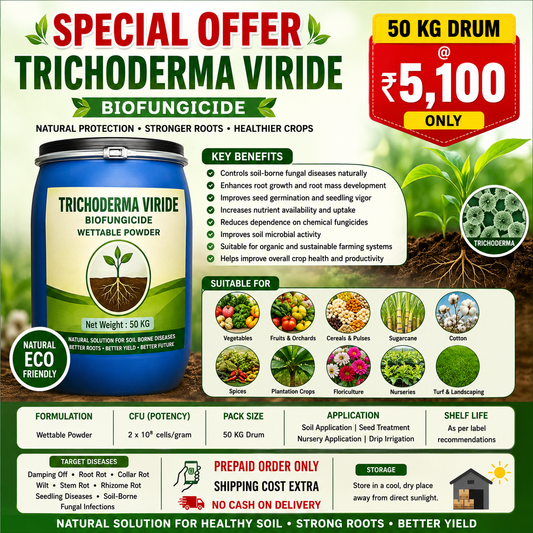 Trichoderma Viride Wettable Talc powder – 50 KG Drum | Bulk Agricultural Pack @ ₹5,100 | Shipping cost extra