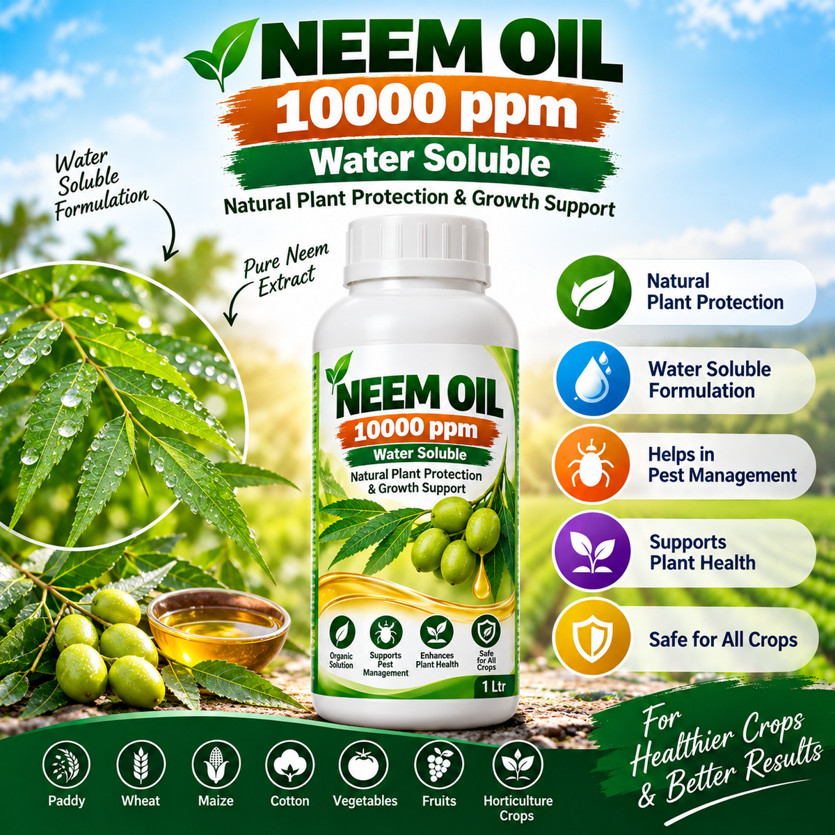 Neem Oil 10000 PPM 1 Litre | Botanical Pest Control